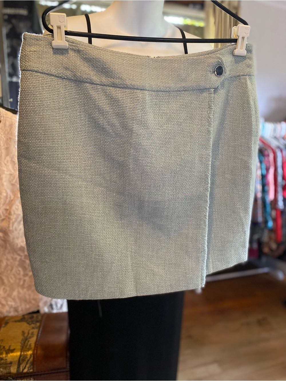 Calvin Klein Light Gray Tweed Pencil Mini Skirt with Side Button Detail